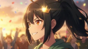 【無敗詠天】夕焼けと観衆の中で輝く勝利の笑顔